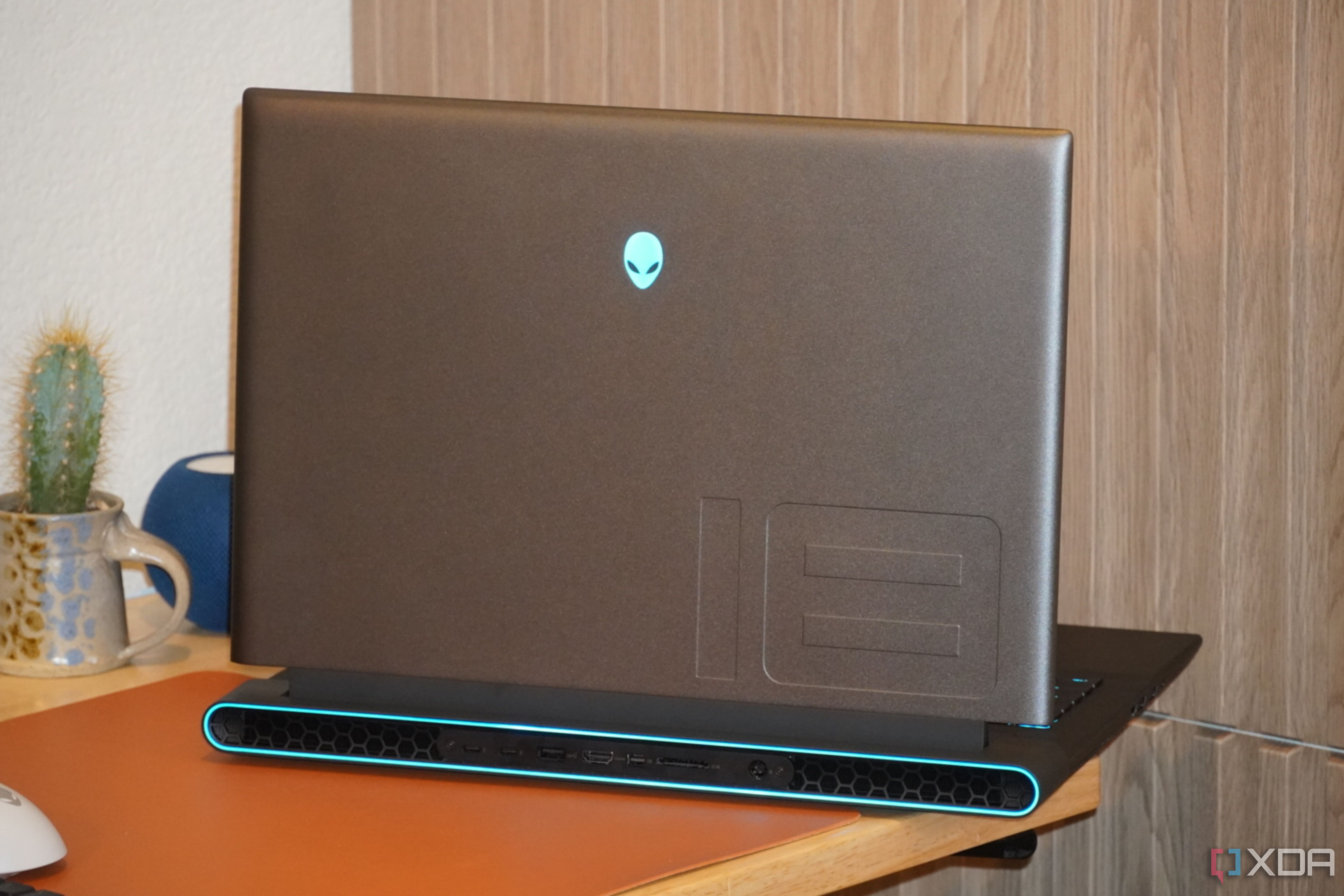 The back of an Alienware m18 R2 opened on a desk.