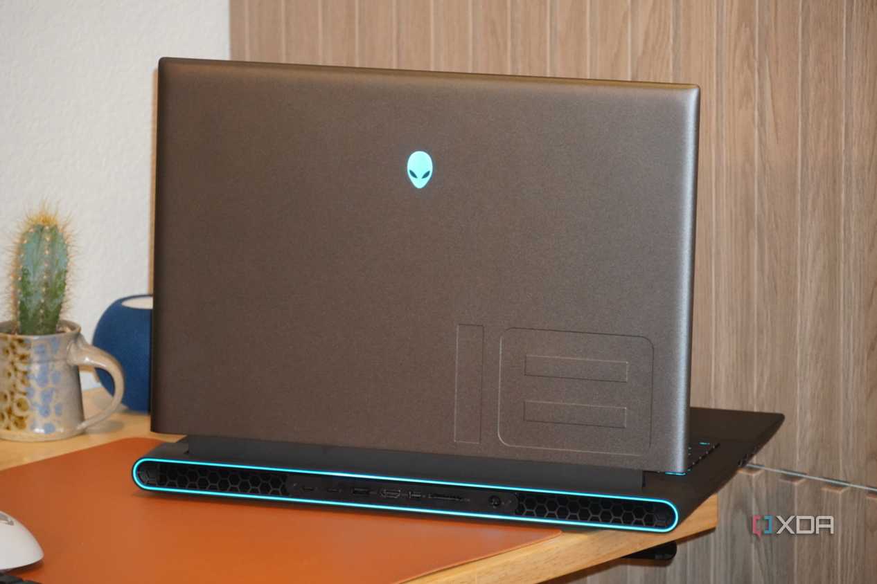 The back of an Alienware m18 R2 opened on a desk.