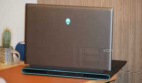 The back of an Alienware m18 R2 opened on a desk.