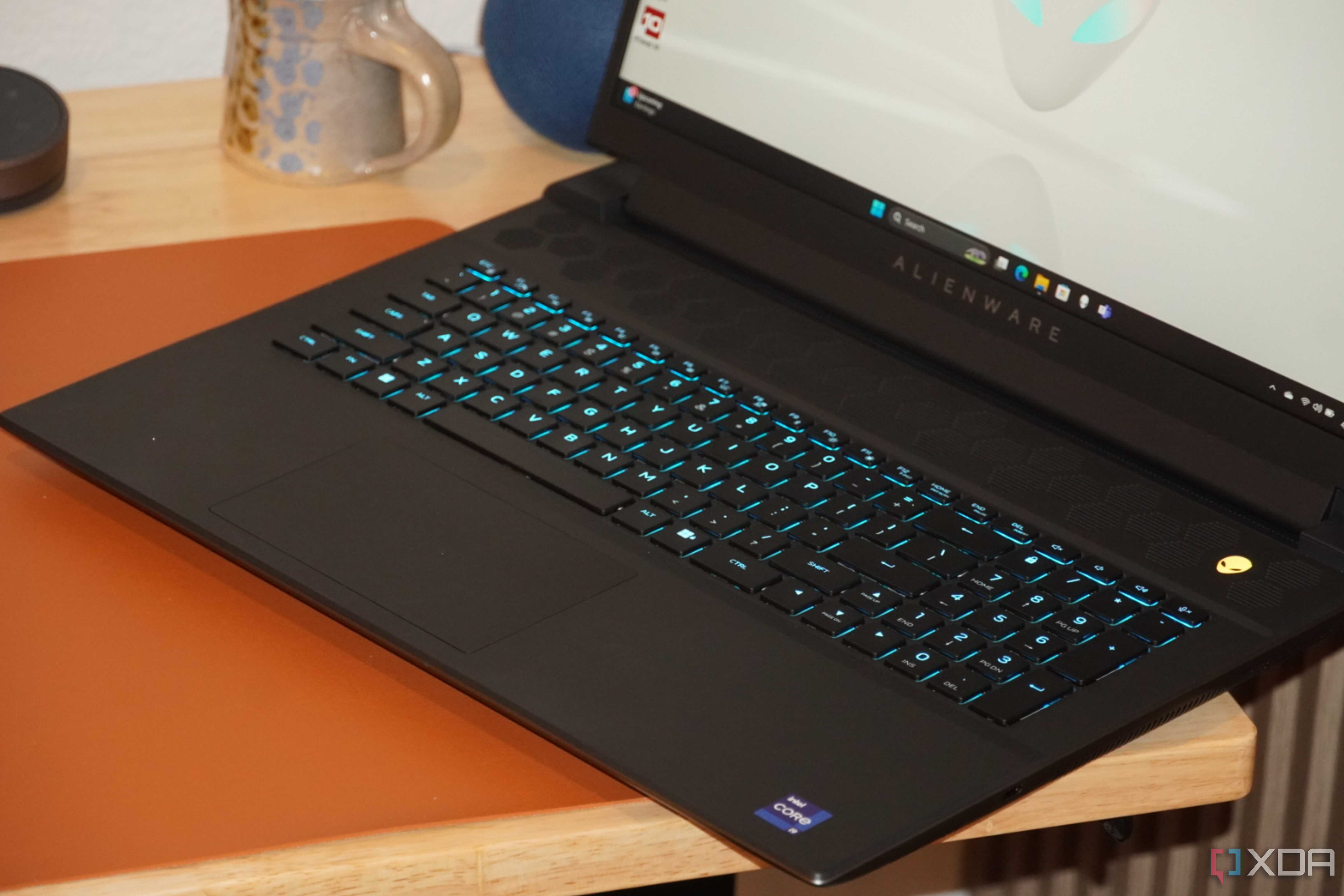 The mechanical keyboard and touchpad on the Alienware m18 R2 gaming laptop.