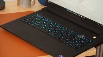The mechanical keyboard and touchpad on the Alienware m18 R2 gaming laptop.