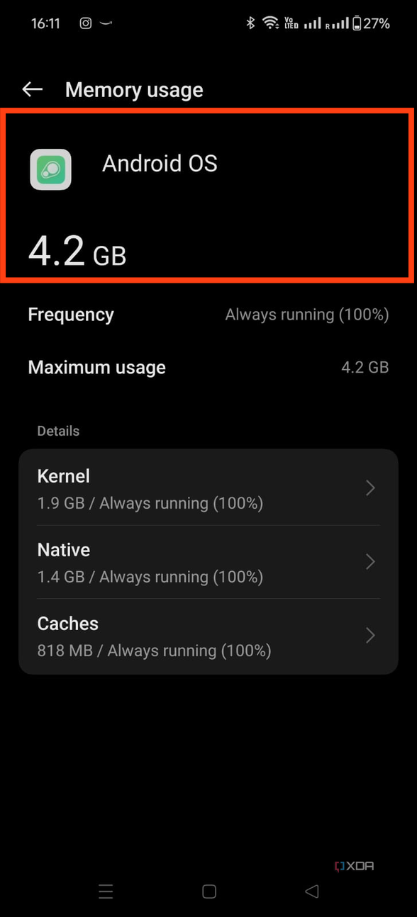 A screenshot showing the Android OS memory usage on OnePlus developer options.