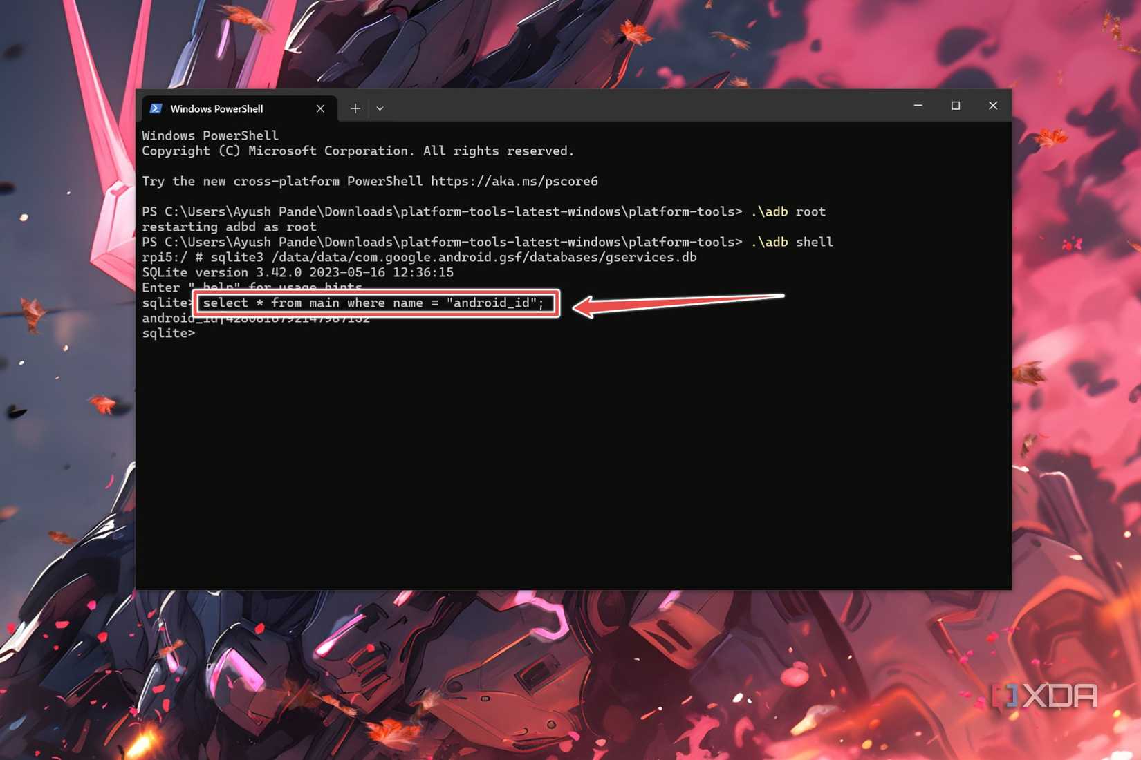 The ADB command used to find out the Android ID