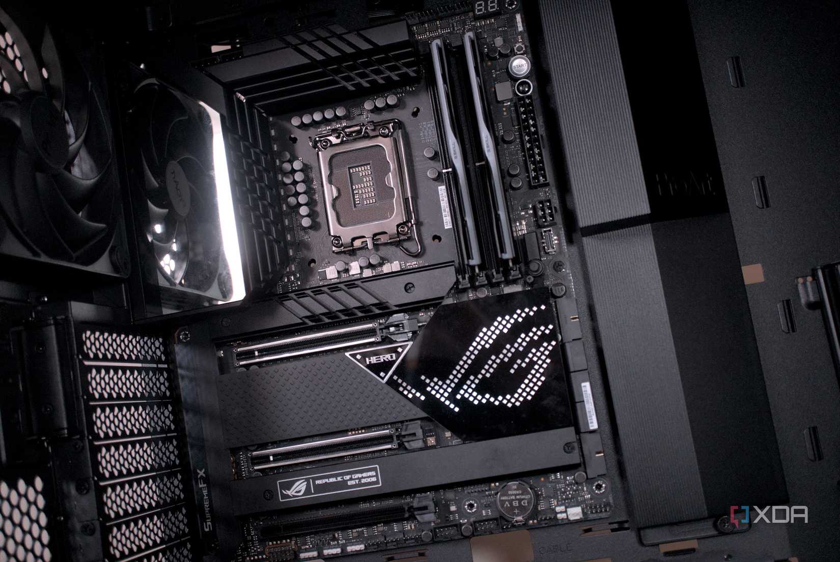 An image of an Asus motherboard installed inside a PC cabinet.