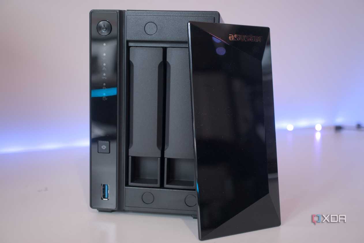 Asustor Drivestor 2 Pro Gen 2 AS3302T V2 in black against a white background with the front cover off