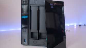 Asustor Drivestor 2 Pro Gen 2 AS3302T V2 in black against a white background with the front cover off