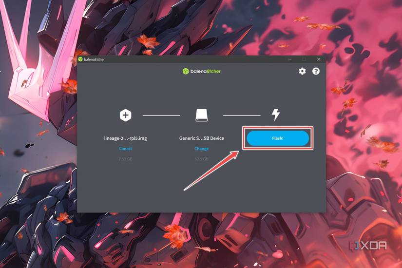 The procedure to flash the LineageOS image using Balena Etcher