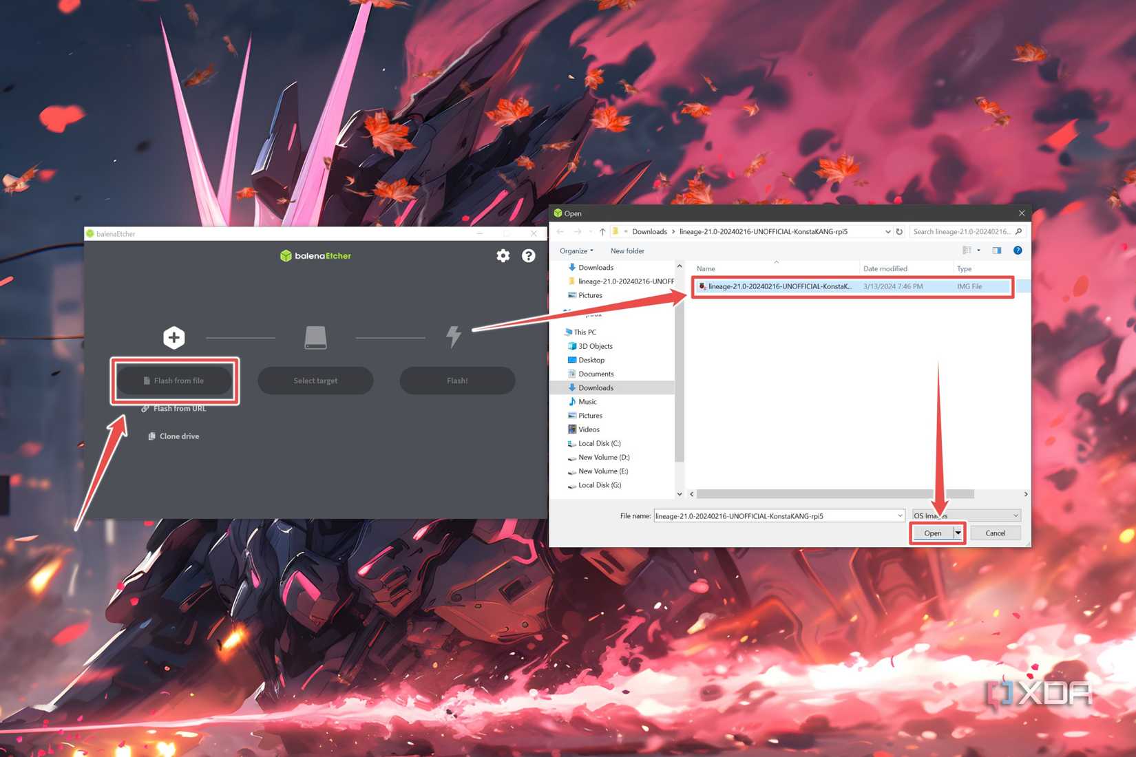 The procedure to select the LineageOS img file inside Balena Etcher