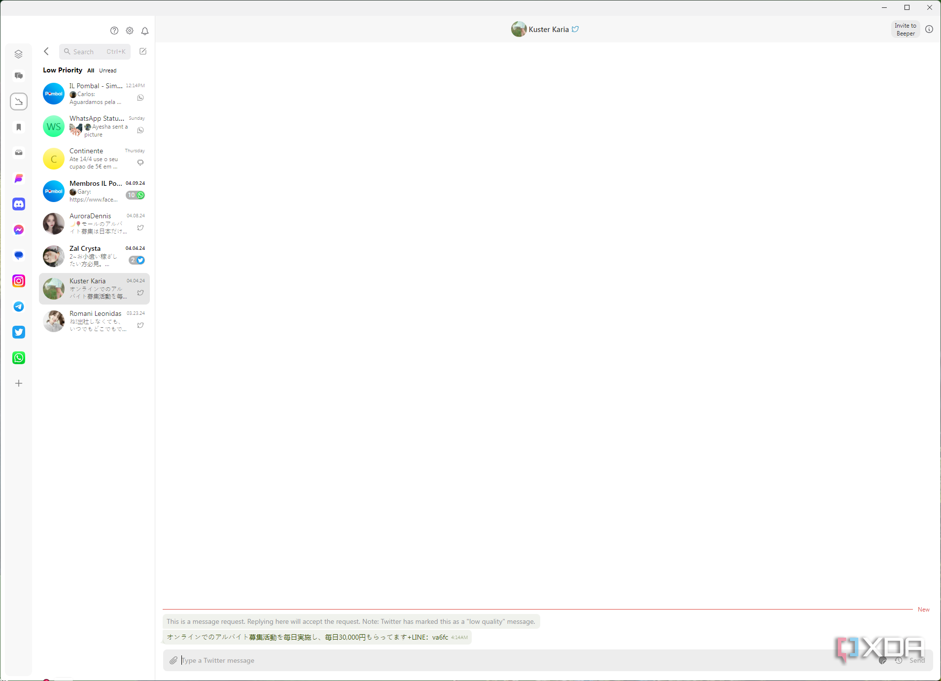 Screenshot of Beeper for Windows showing low priority conversations