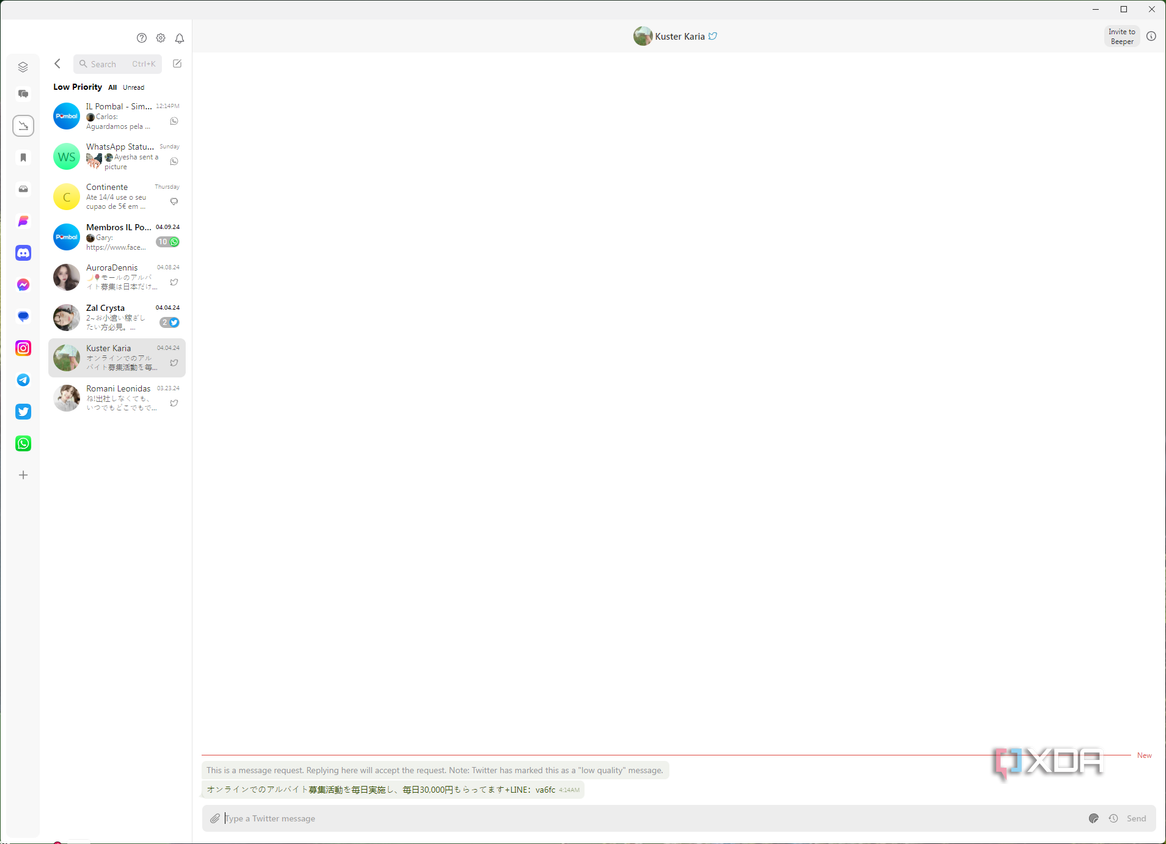 Screenshot of Beeper for Windows showing low priority conversations