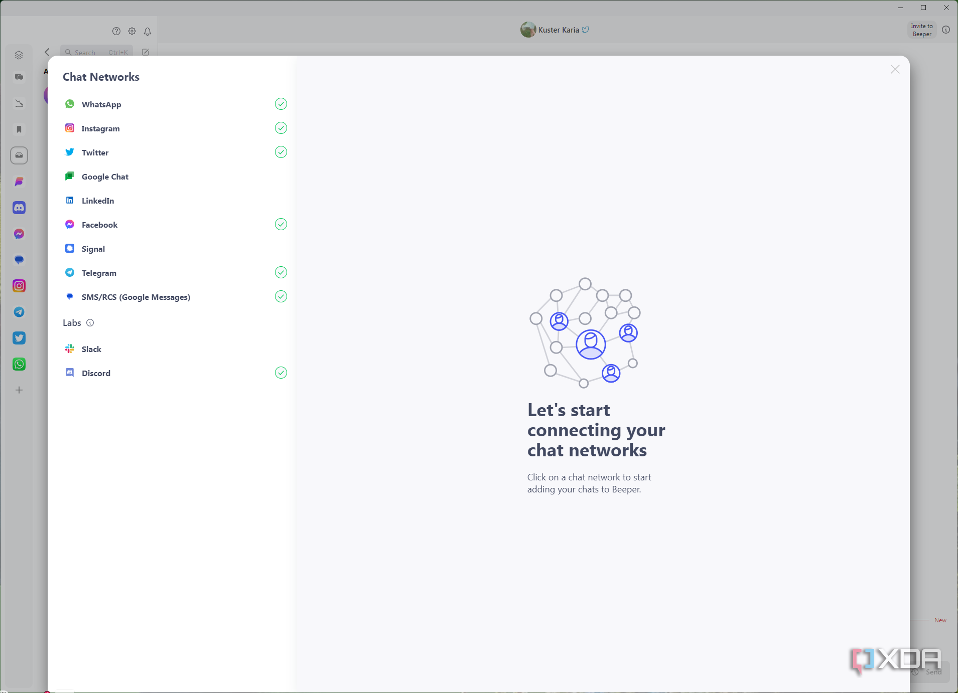 Screenshot of Beeper for desktop showing available connections