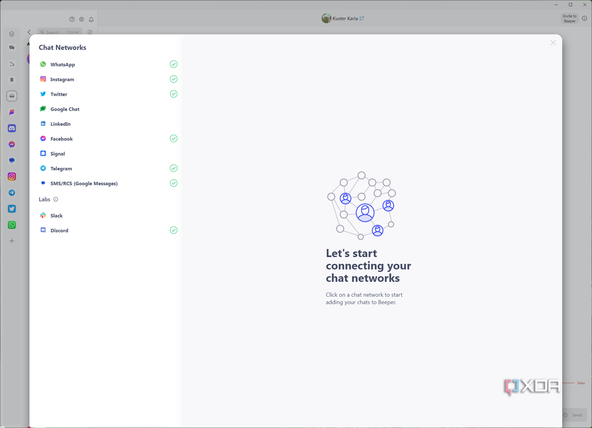 Screenshot of Beeper for desktop showing available connections