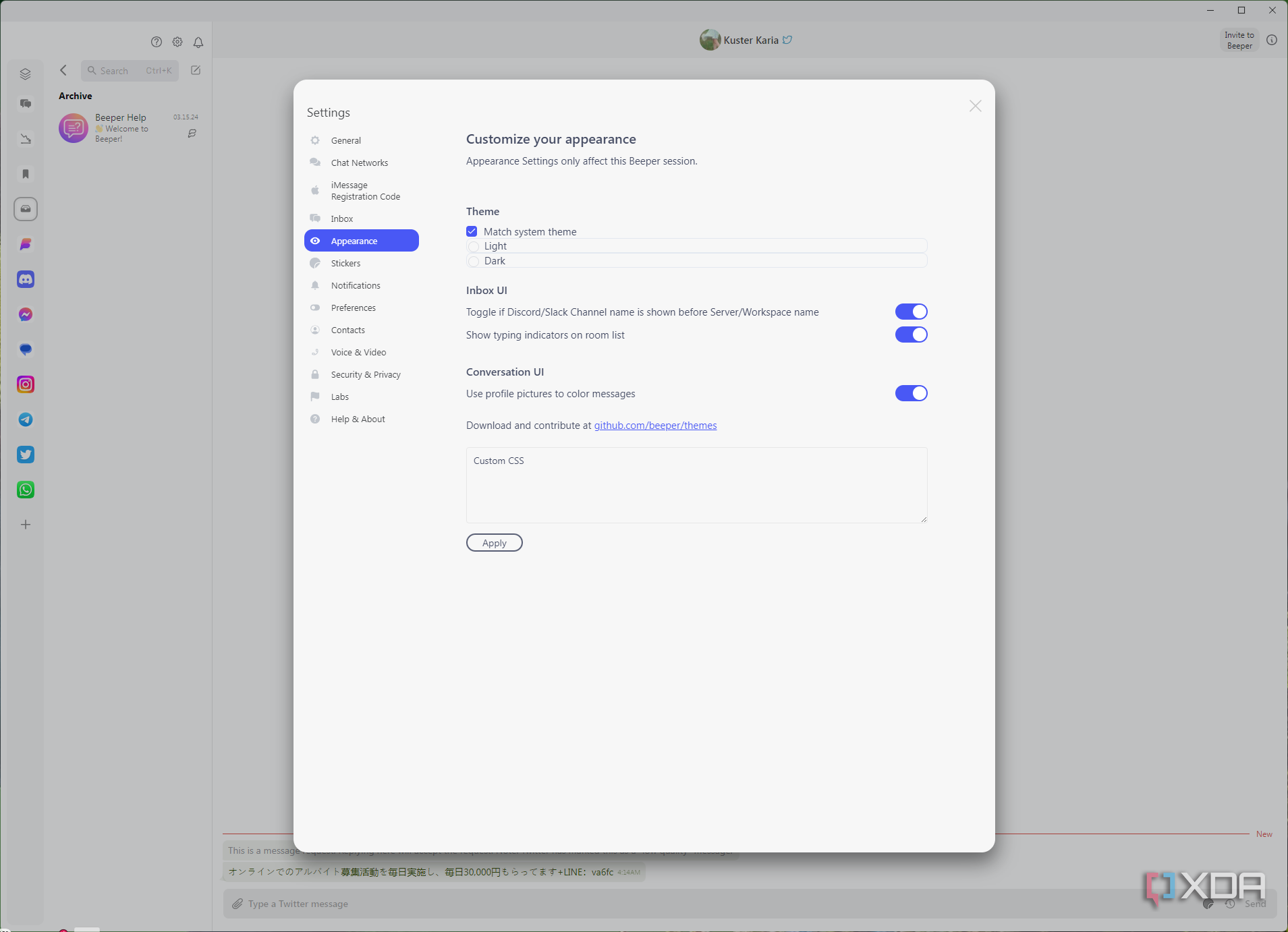 Screenshot of Beeper settings on desktop