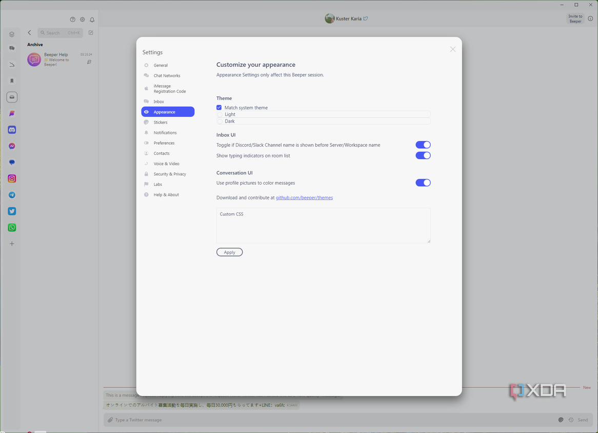 Screenshot of Beeper settings on desktop