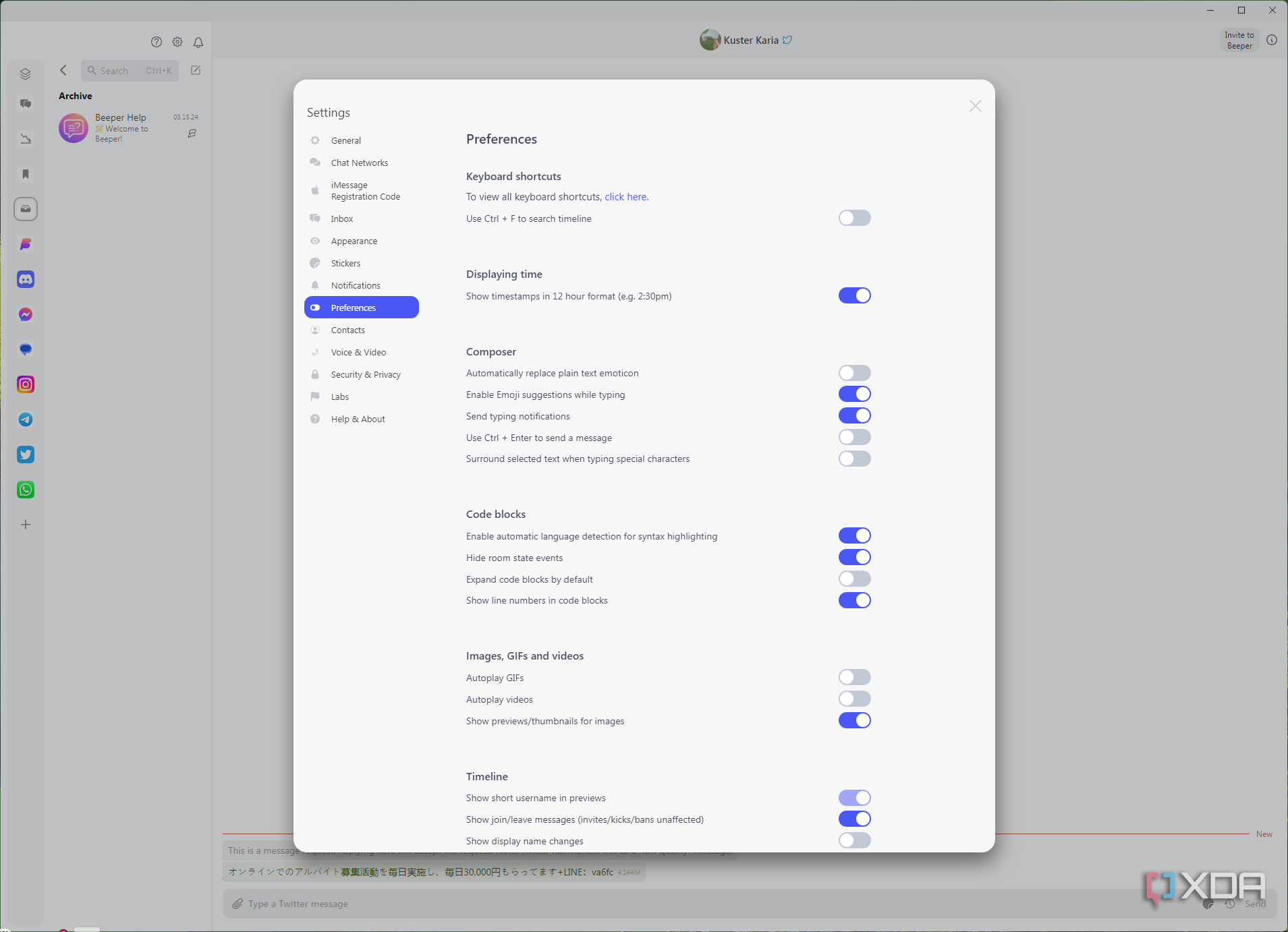 Screenshot of Beeper settings on desktop