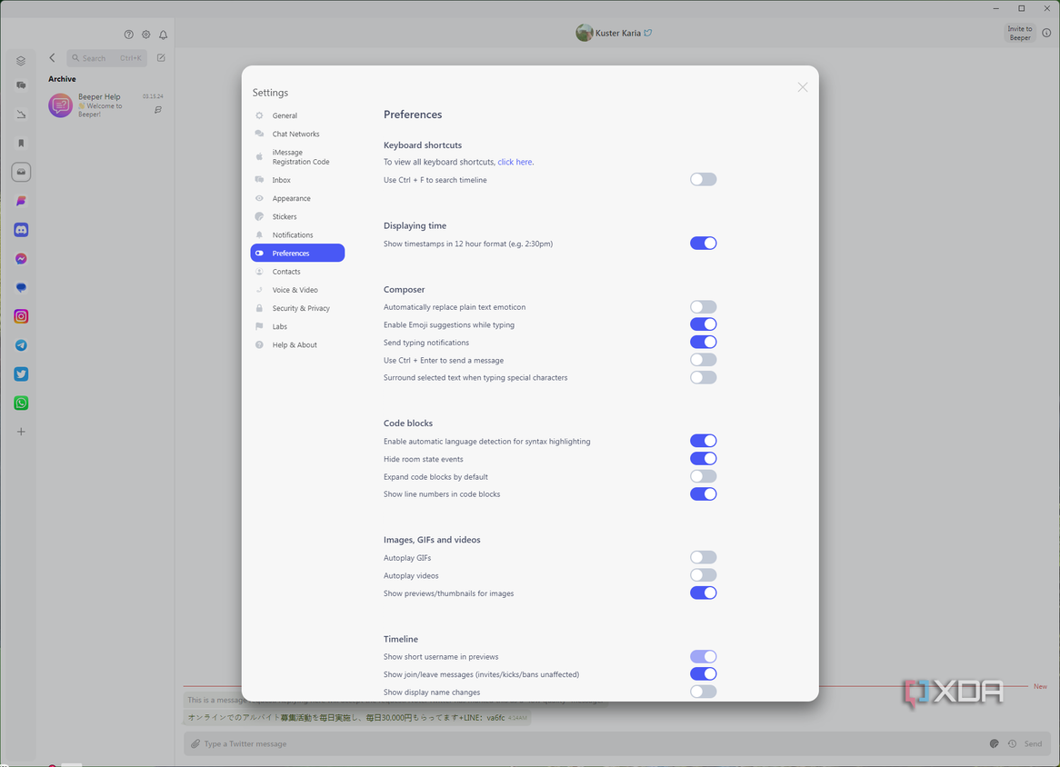 Screenshot of Beeper settings on desktop