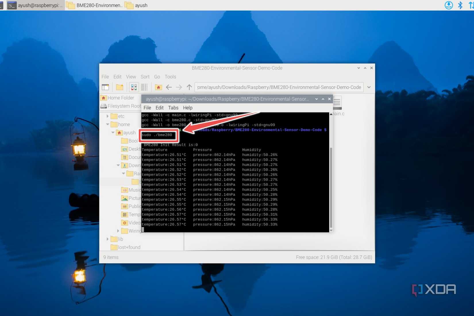 The BME280 script in the Raspberry Pi OS terminal