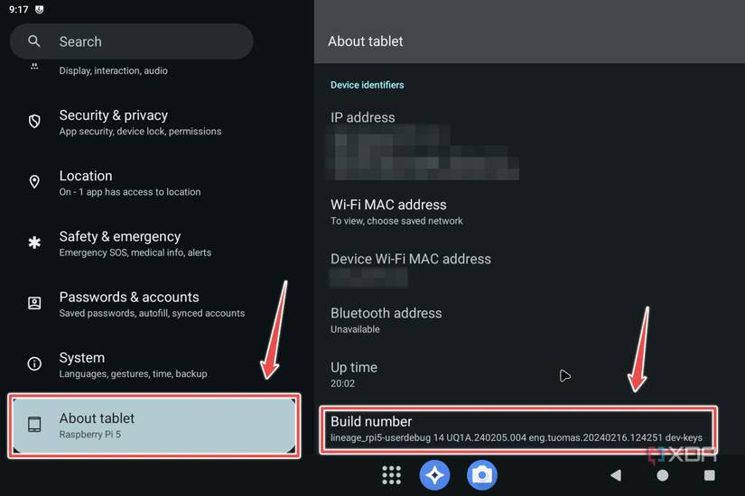 The Build number highlighted in LineageOS settings