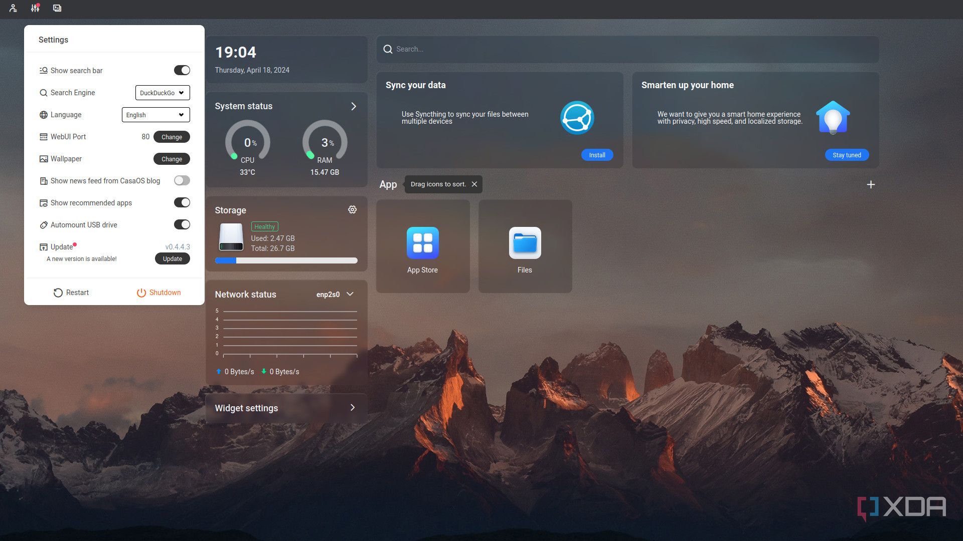 CasaOS settings panel