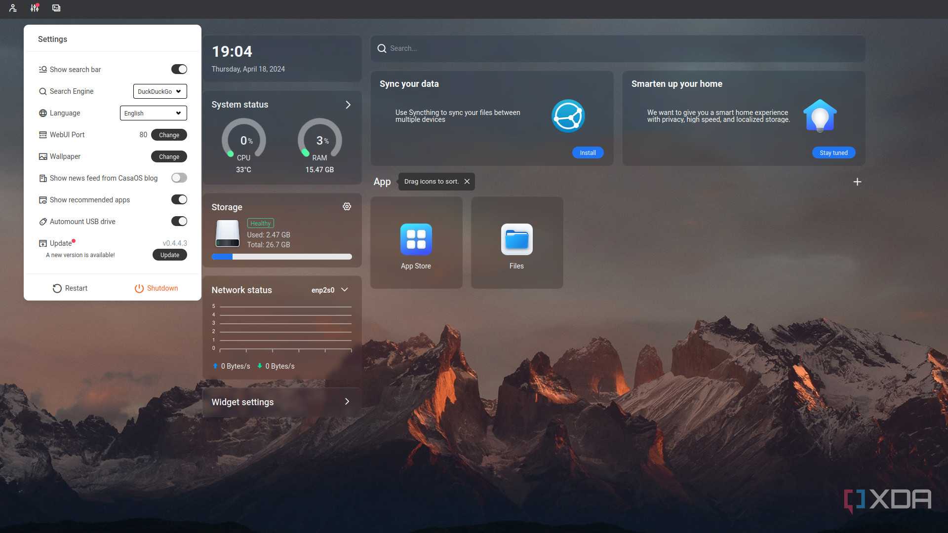 CasaOS settings panel