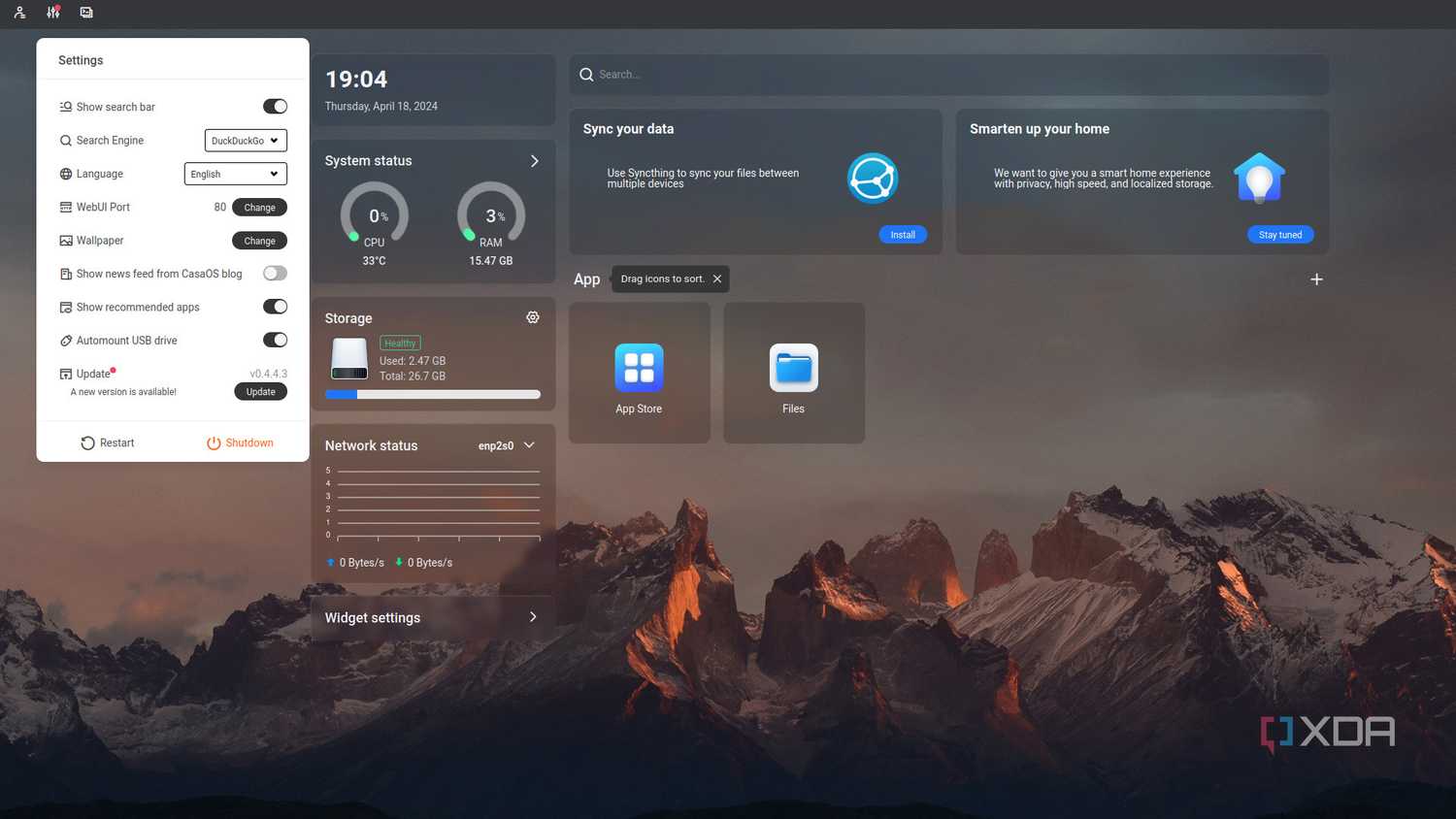 CasaOS settings panel