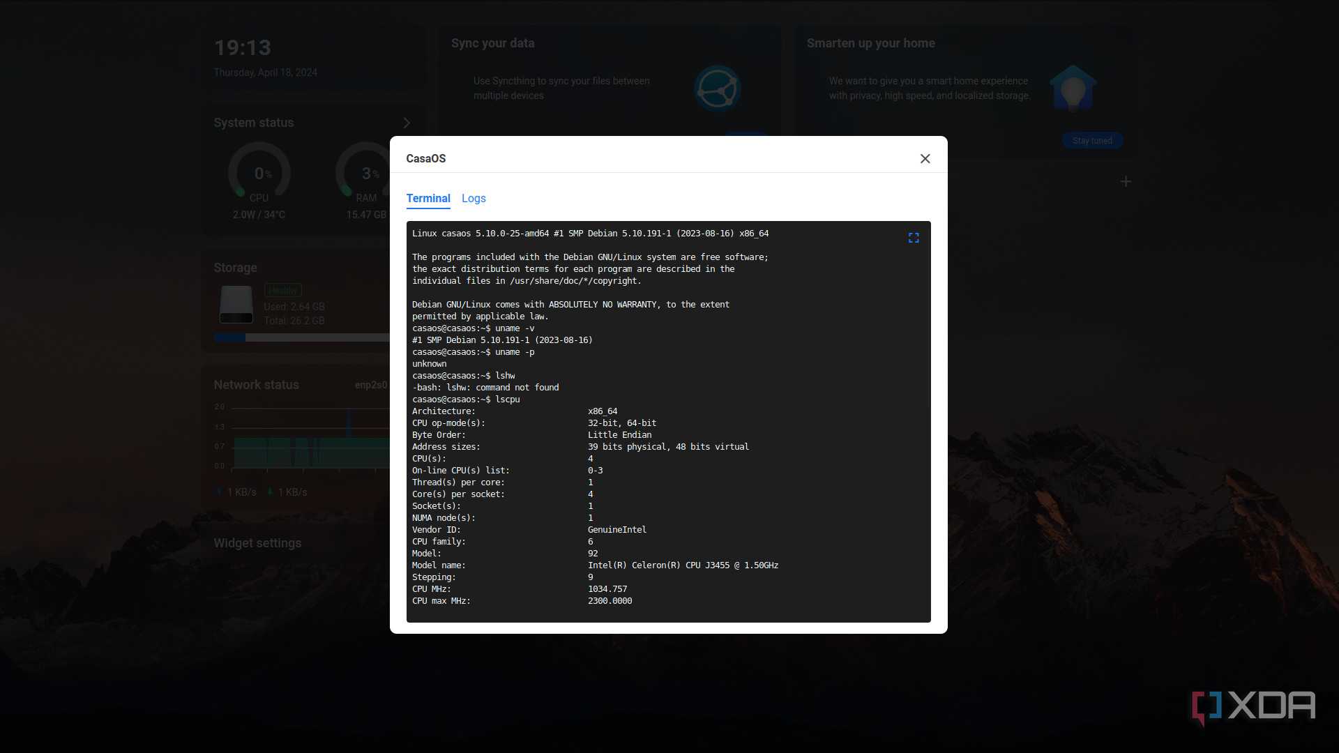 CasaOS terminal panel