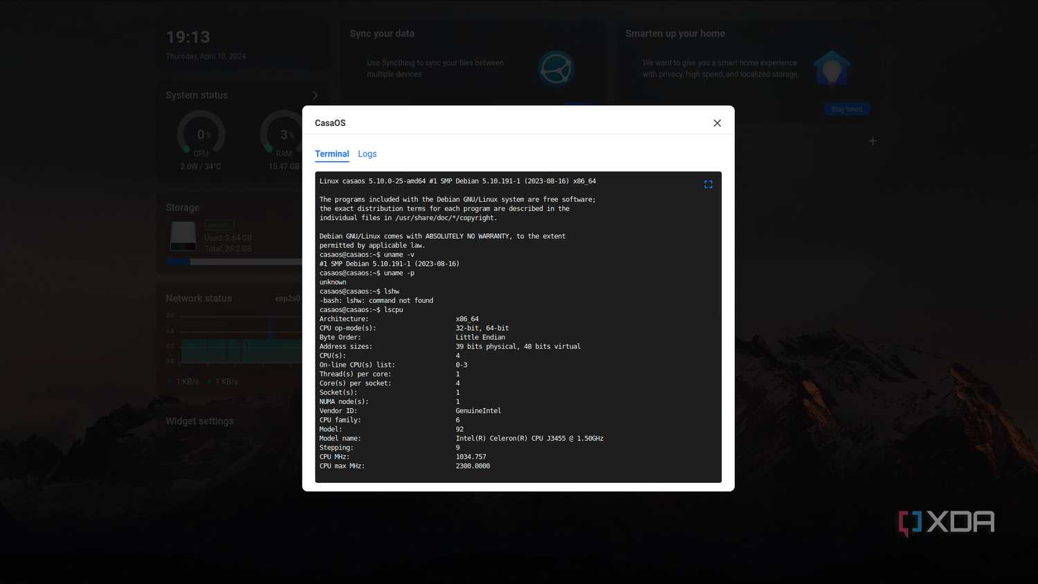 CasaOS terminal panel
