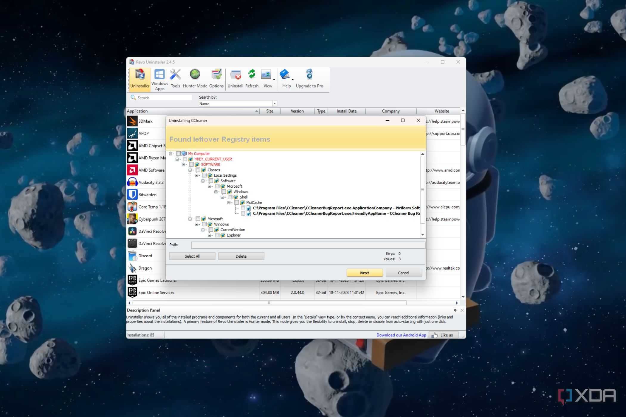 A screenshot showing the CCCleaner leftover registry in Revo uninstaller.