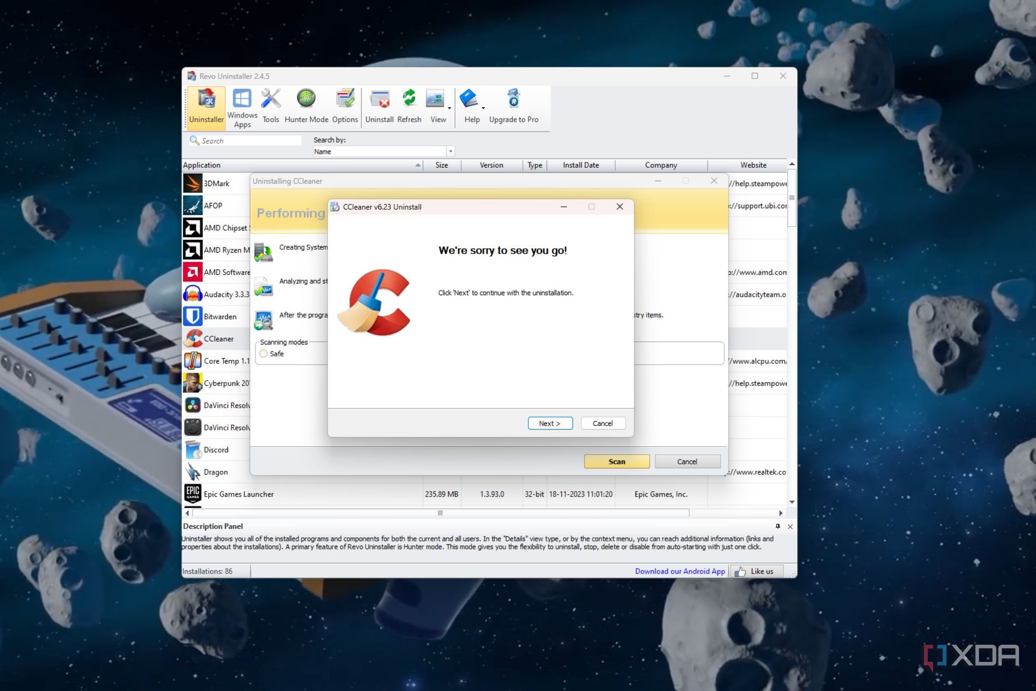 A screenshot showing the CCCleaner uninstallation in Revo Uninstaller.