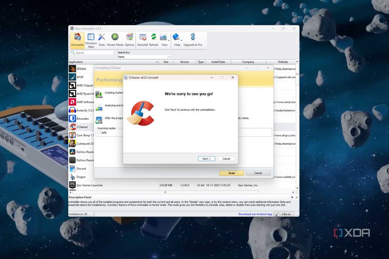 A screenshot showing the CCCleaner uninstallation in Revo Uninstaller.