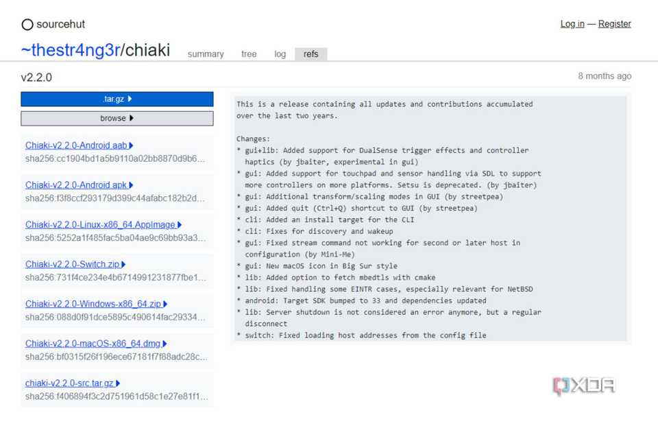 A screenshot showing the Chiaki download page on a web browser.