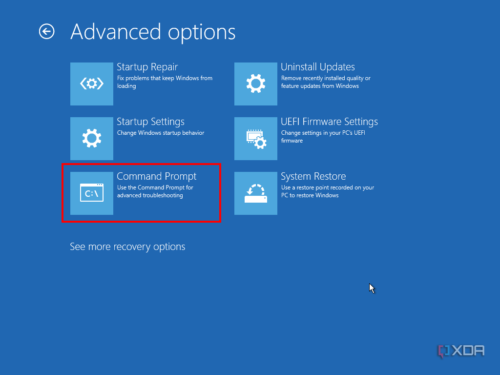 Screenshot of advanced options in Windows Recovery with Command Prompt highlighted