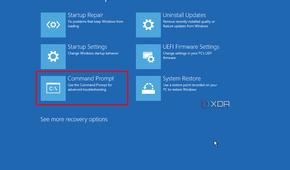 Screenshot of advanced options in Windows Recovery with Command Prompt highlighted