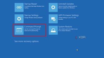 Screenshot of advanced options in Windows Recovery with Command Prompt highlighted