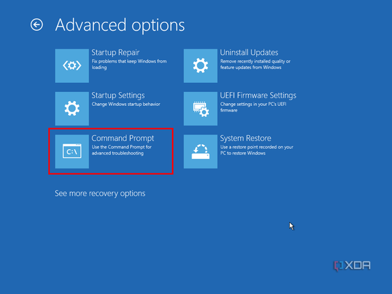 Screenshot of advanced options in Windows Recovery with Command Prompt highlighted
