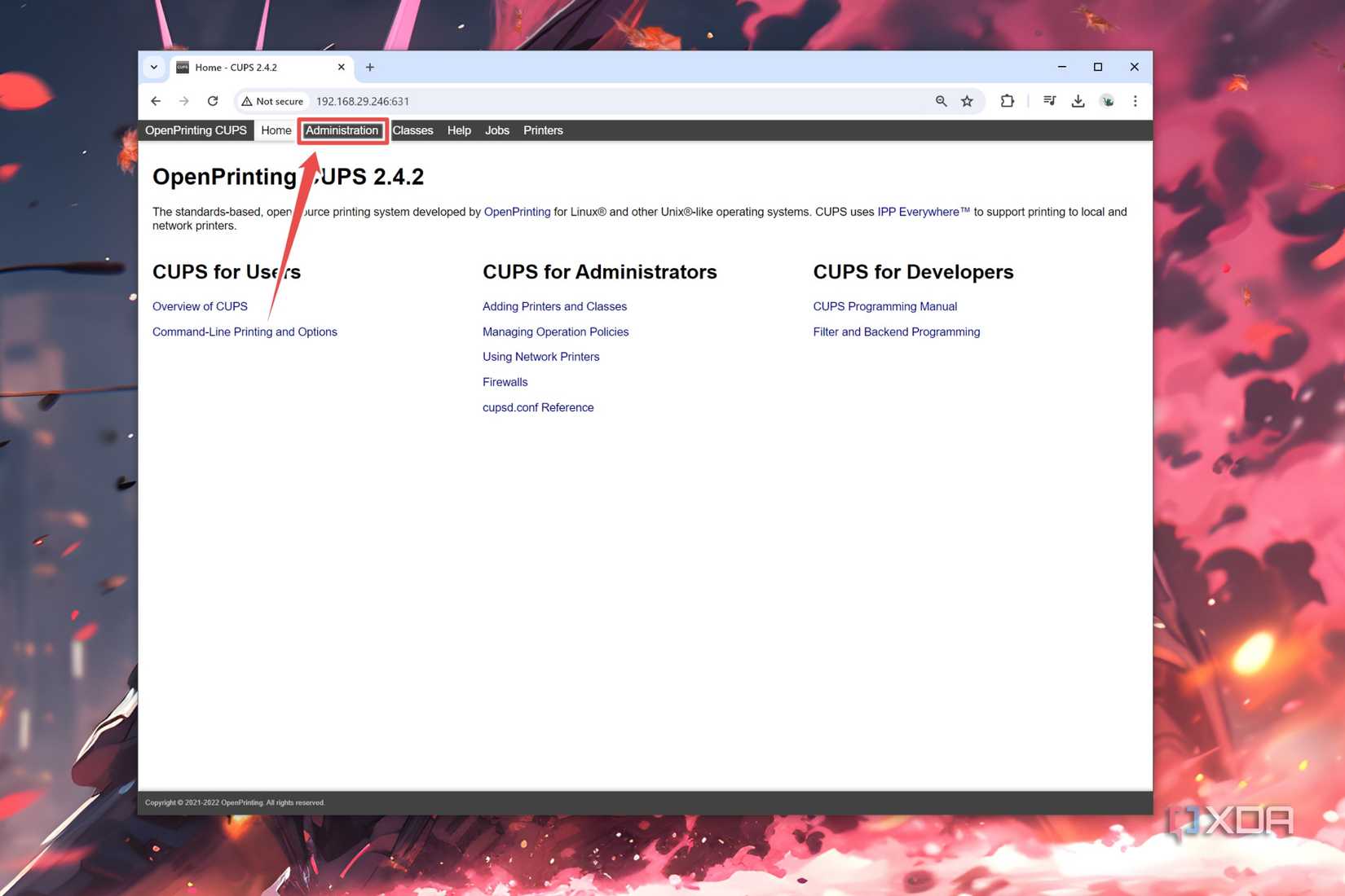 The Administration tab highlighted in the CUPS UI