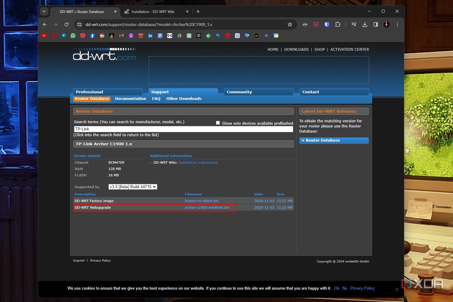 DD-WRT website screenshot that highlights the BIN file for installing DD-WRT firmware.