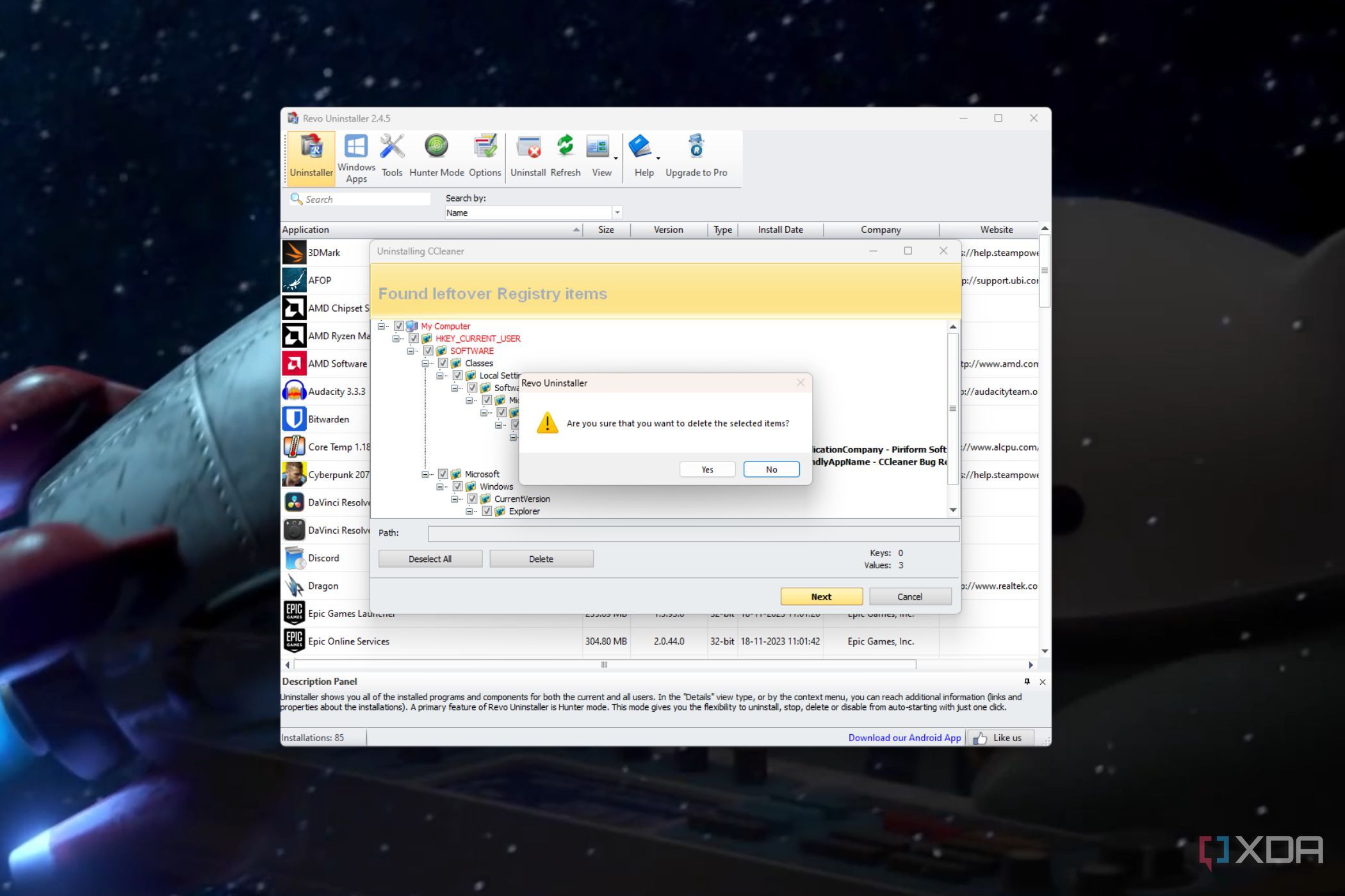 A screenshot showing the deletion of CCClear's leftover registry in Revo uninstaller.