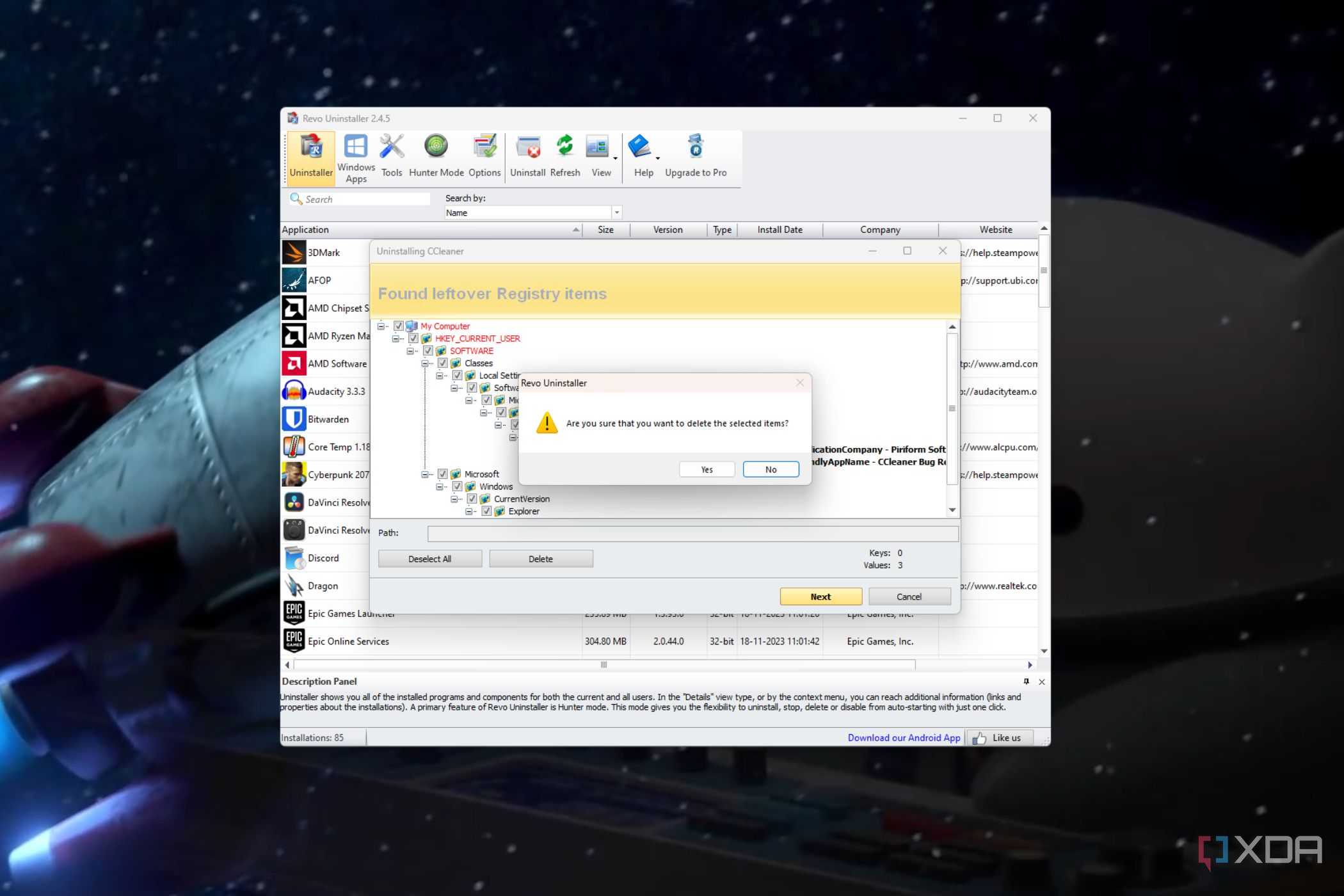 A screenshot showing the deletion of CCClear's leftover registry in Revo uninstaller.