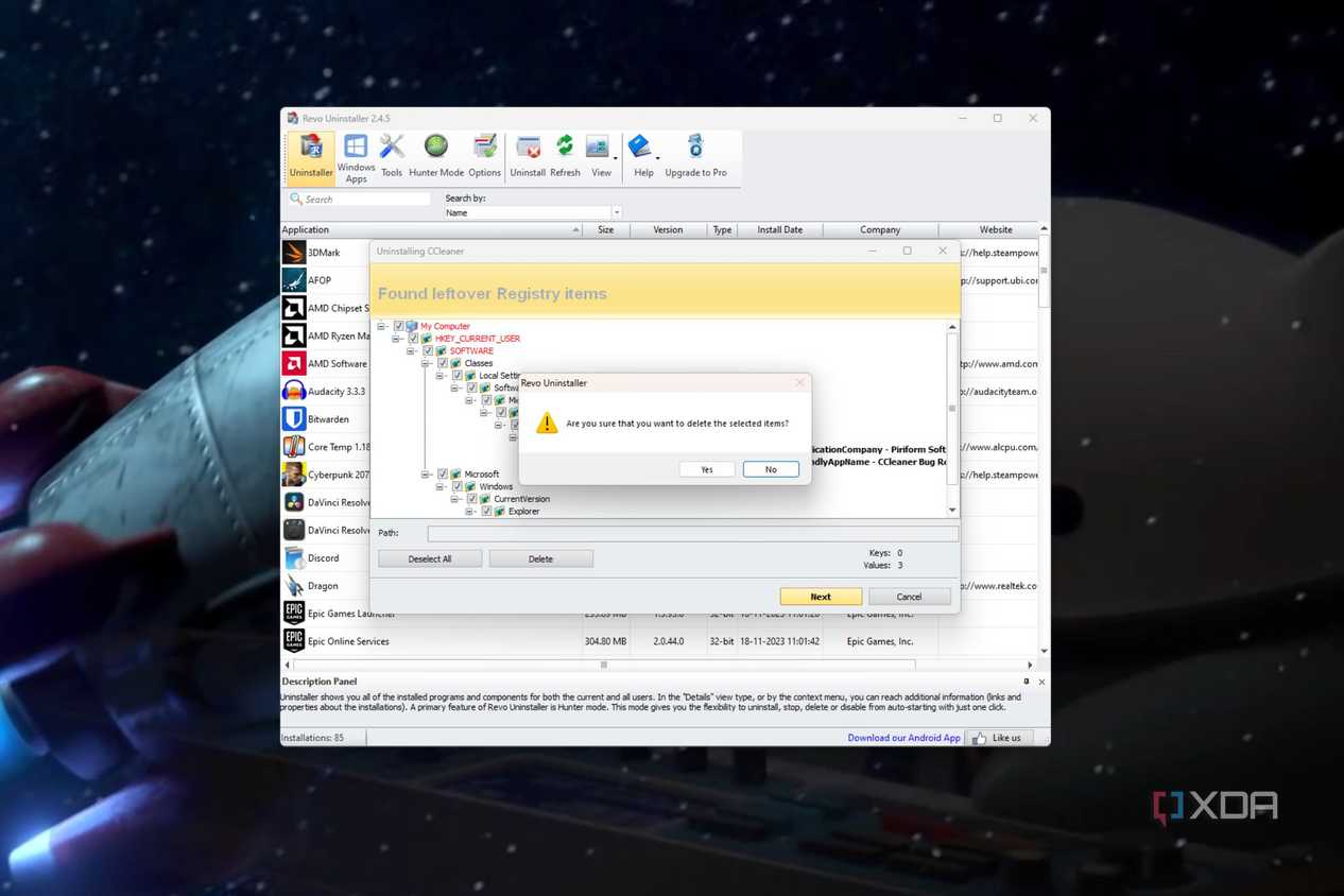 A screenshot showing the deletion of CCClear's leftover registry in Revo uninstaller.
