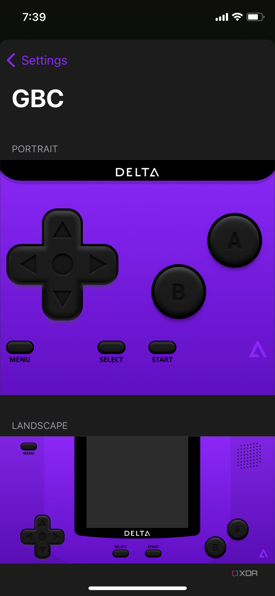 An iOS screenshot of the Delta app showing a custom Game Boy Color skin.