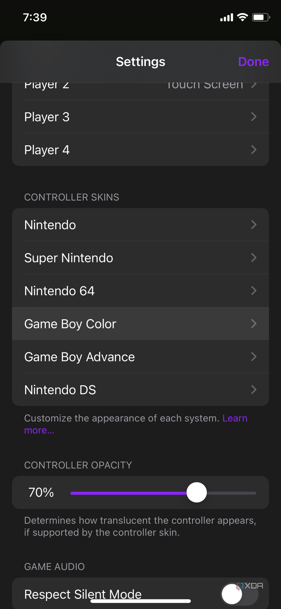An iOS screenshot of the Delta app's settings page that highlights Controller Skins.
