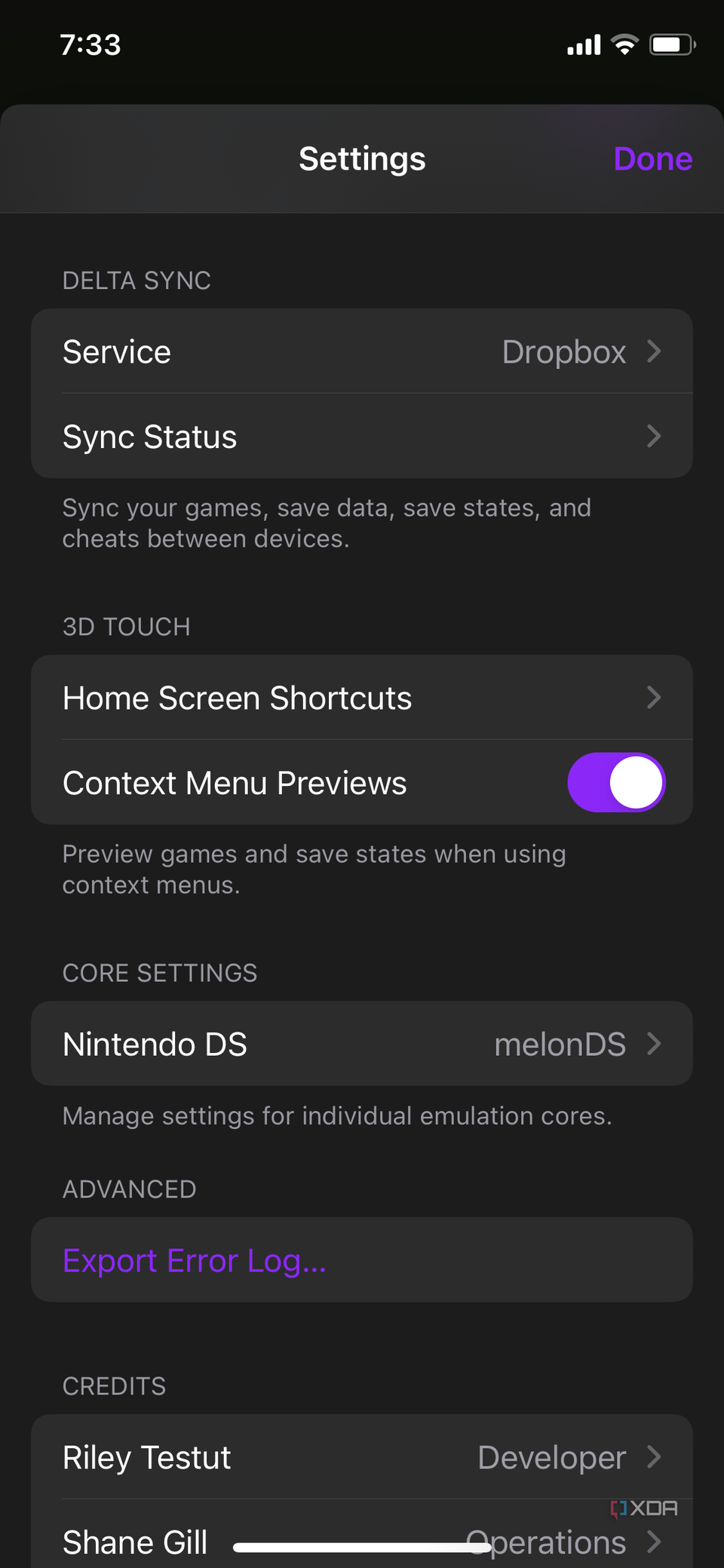 An iOS screenshot of the Delta app showing the Delta sync setting at the top.