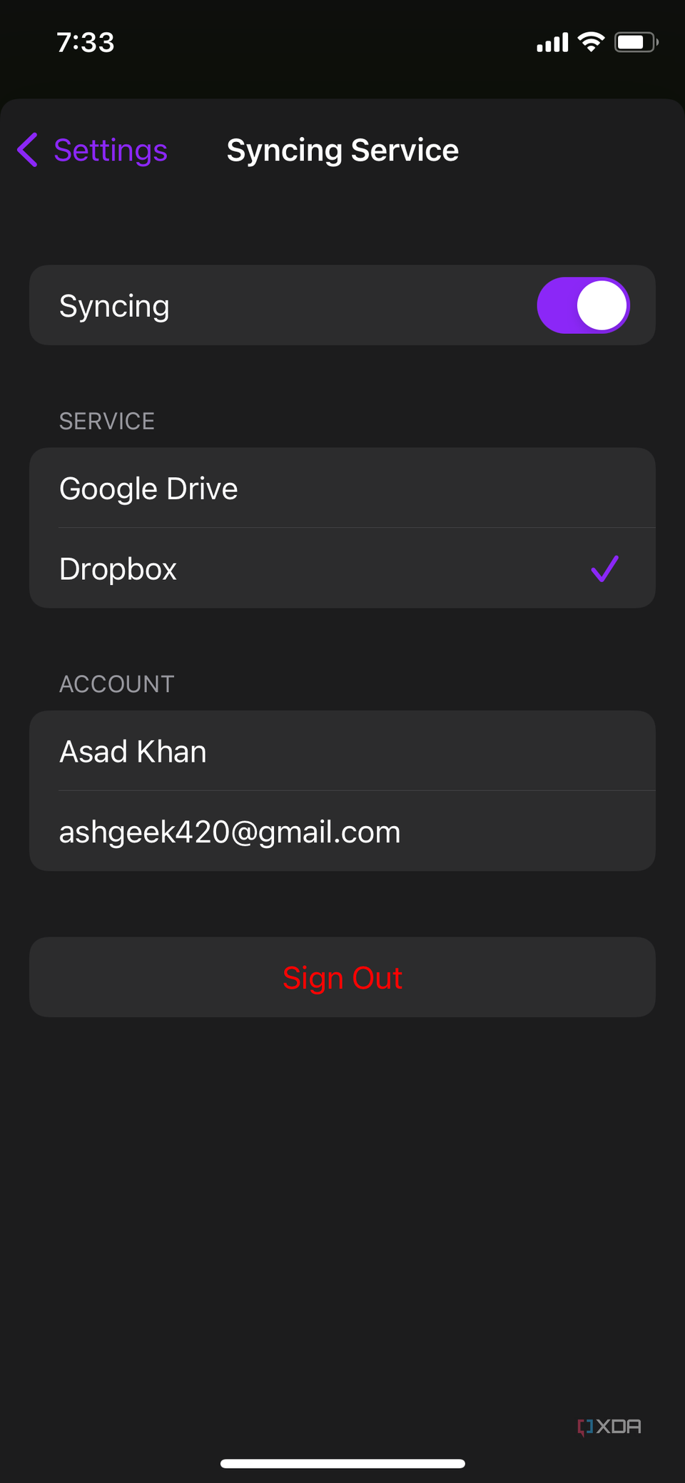 An iOS screenshot of the Delta app showing Dropbox sync enabled for syncing save states and game files.