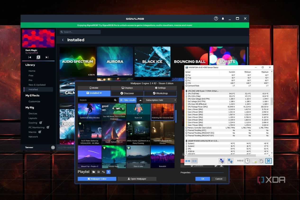Screenshot of SignalRGB, Wallpaper Engine, and HWiNFO on desktop
