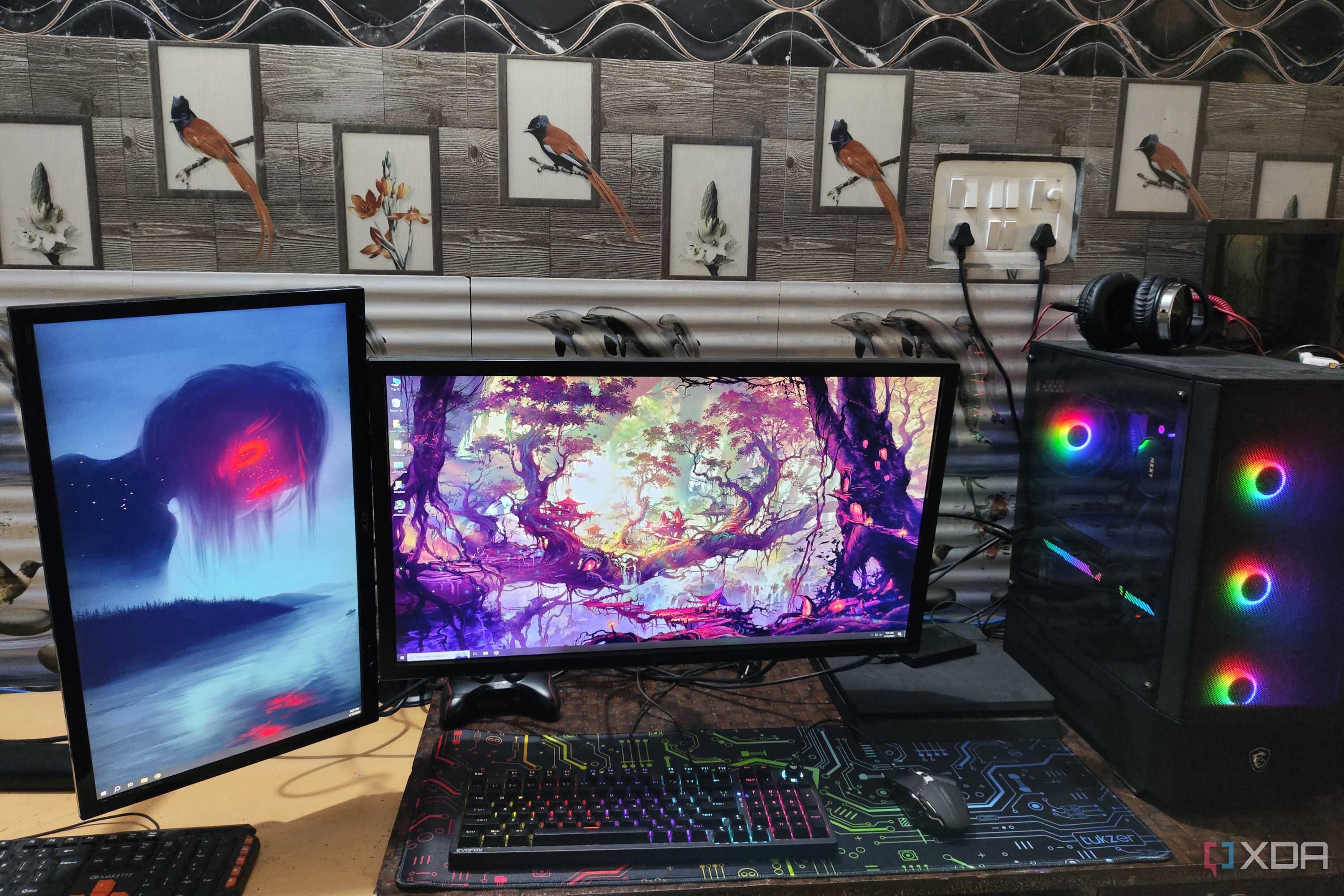 Two monitors placed side by side, with the one on the left running in portrait mode