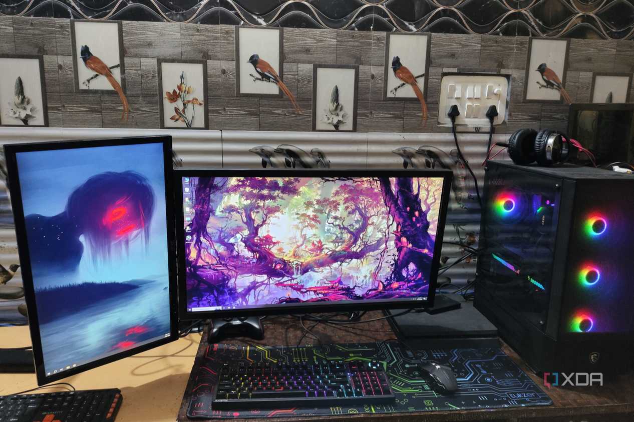 Two monitors placed side by side, with the one on the left running in portrait mode