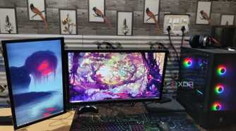 Two monitors placed side by side, with the one on the left running in portrait mode