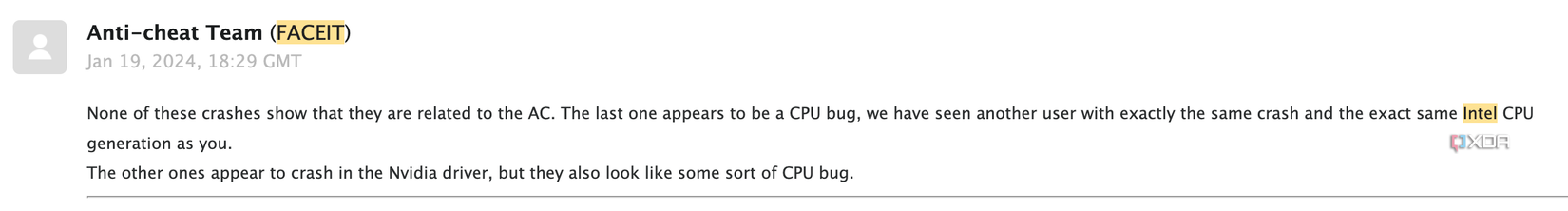 The FACEIT anti-cheat team saying that it's a CPU bug that caused problems