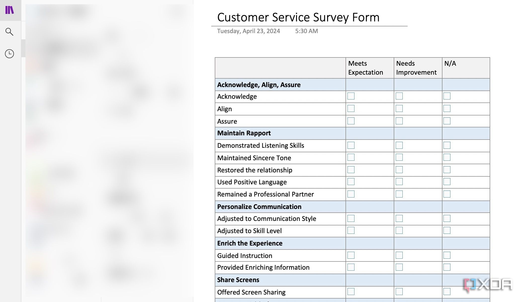 Customer service template in OneNote